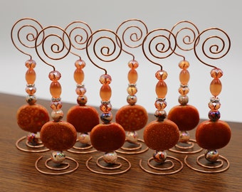 Place Card/Table Number Holders (set of 8) Orange beads w/Copper Wire