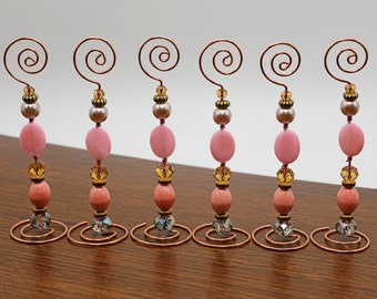 Place Card/Table Number Holders (set of 6) Pink and Gold beads w/Copper Wire