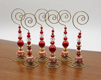 Place Card/Table Number Holders (set of 6) Red and Gold beads w/Gold Wire
