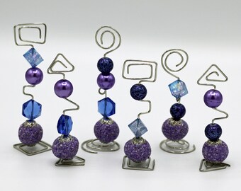 Place Card/Table Number Holders (set of 6) Blue and Purple beads w/Silver Wire