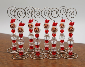 Place Card/Table Number Holders (set of 8) Santa and Red beads w/Silver Wire