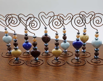 Place Card/Table Number Holders (set of 10) Heart beads w/Bronze Wire