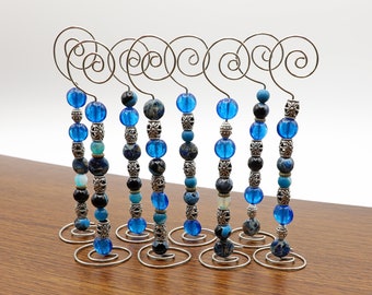 Place Card/Table Number Holders (set of 8) Cobalt Blue beads w/Silver Wire