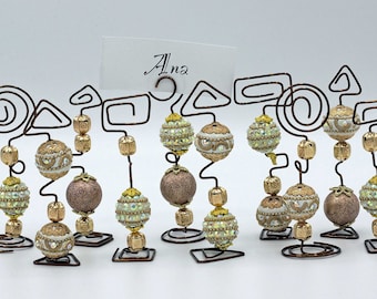 Place Card/Table Number Holders (set of 10) Gold and White Beads w/Bronze Wire