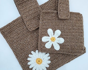 Handmade Crochet Slim Tote Bag With Daisy