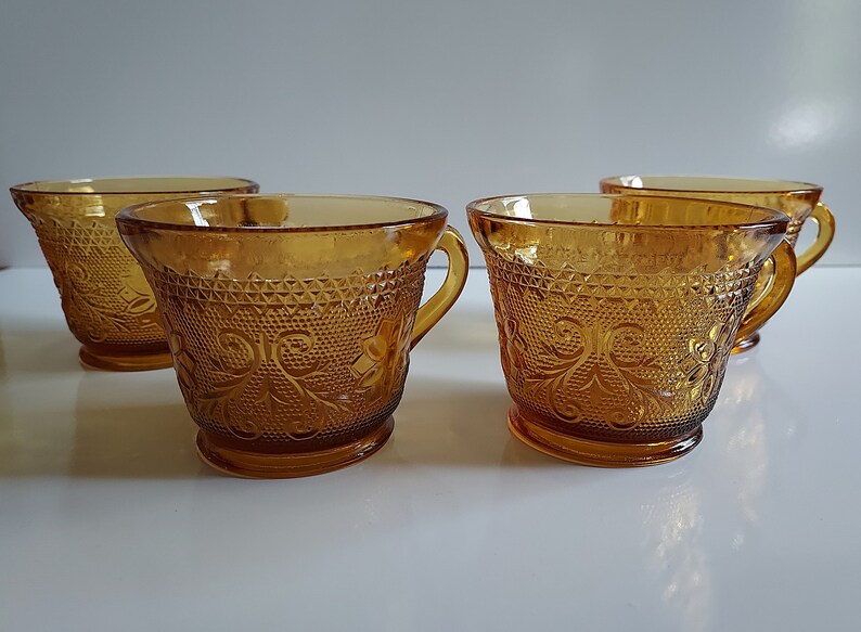Vintage Amber Tiara Sandwich Glass Cup and Saucer 4 Sets Etsy