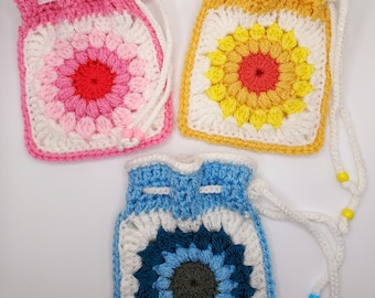 Granny Square Sunburst Crochet Small Drawstring Pouch