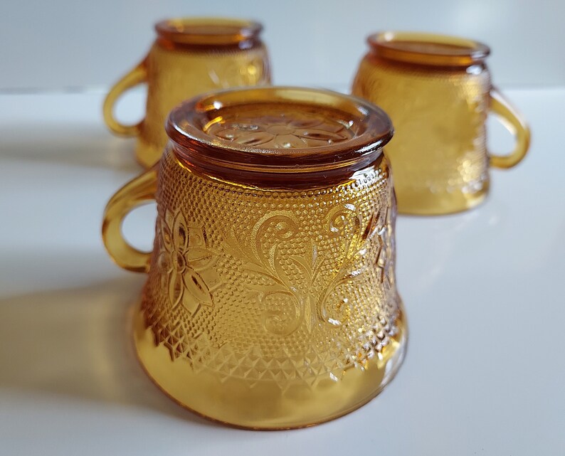 Vintage Amber Tiara Sandwich Glass Cup and Saucer 4 Sets Etsy