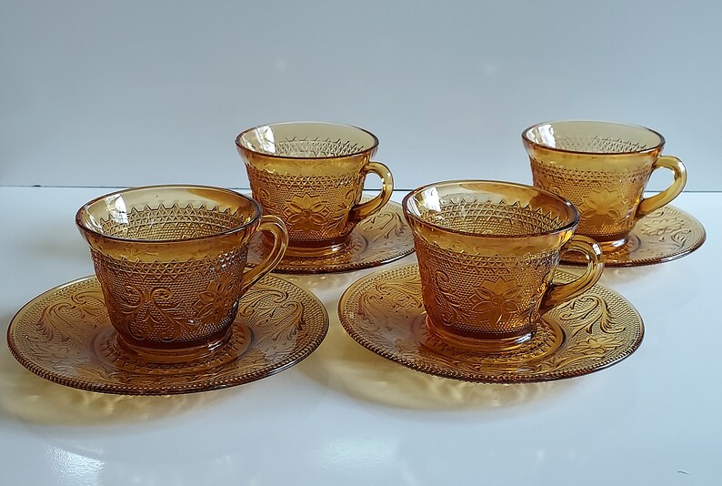 Vintage Amber Tiara Sandwich Glass Cup and Saucer 4 Sets Etsy