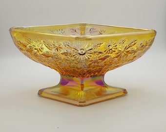 Indiana Carnival Glass Compote | Gold Iridescent Pedestal Dish | Vintage Fall or Holiday Decor