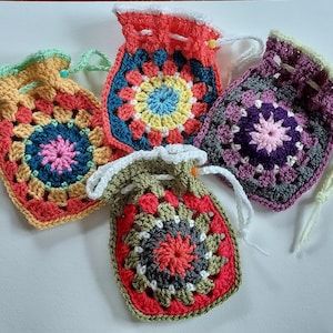 Granny Square Crochet Pouch, Small Handmade Drawstring Pouch