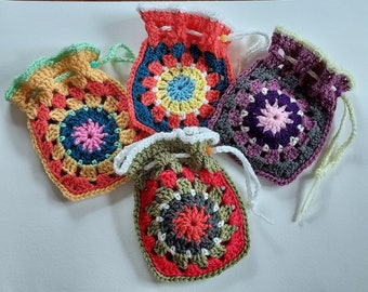 Granny Square Crochet Pouch, Small Handmade Drawstring Pouch