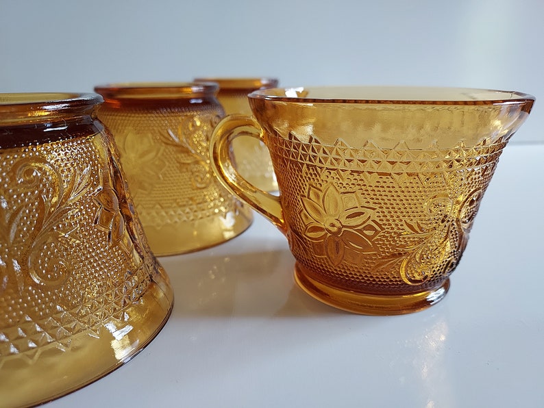 Vintage Amber Tiara Sandwich Glass Cup and Saucer 4 Sets Etsy