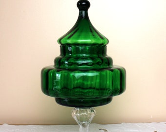 Gerippte Vintage-Konfektschale aus grünem Glas im Empoli-Stil mit Deckel, Höhe 29,5 cm/11,7 Zoll