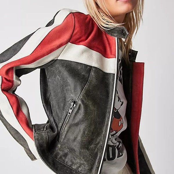 Biker Cafe Racer effet vieilli femme | Veste en cuir rayée en cuir véritable faite main | Veste de moto pour femme | Cadeau pour elle