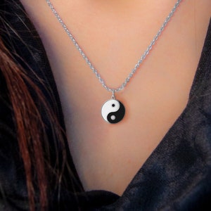 Yin and Yang Pendant Necklace in Sterling Silver with Black and White Enamel