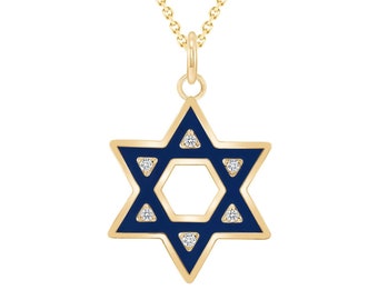 Star of David Necklace in Solid 14k Gold with Diamonds, Blue Enamel, Large Pendant