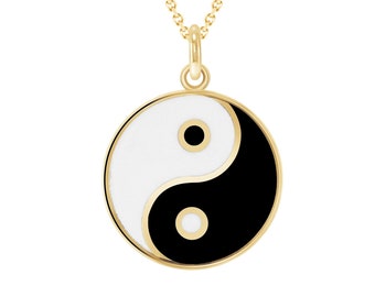 Yin and Yang Pendant Necklace in Solid 14k Gold, Large Pendant, Black & White Enamel