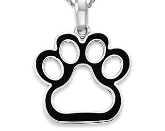 Paw Pendant Necklace in Sterling Silver with Black Enamel for Animal Lovers