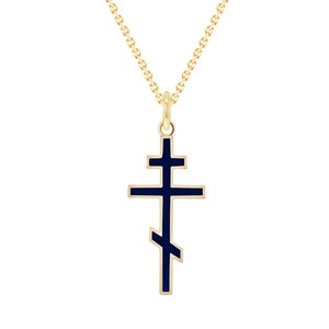 Orthodox Cross Pendant in Solid 14k Gold, Navy Enamel, Made in America