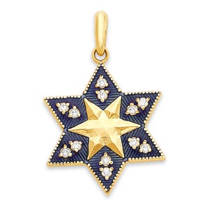 Diamond Star of David Pendant in Solid 14k Gold, Blue Enamel