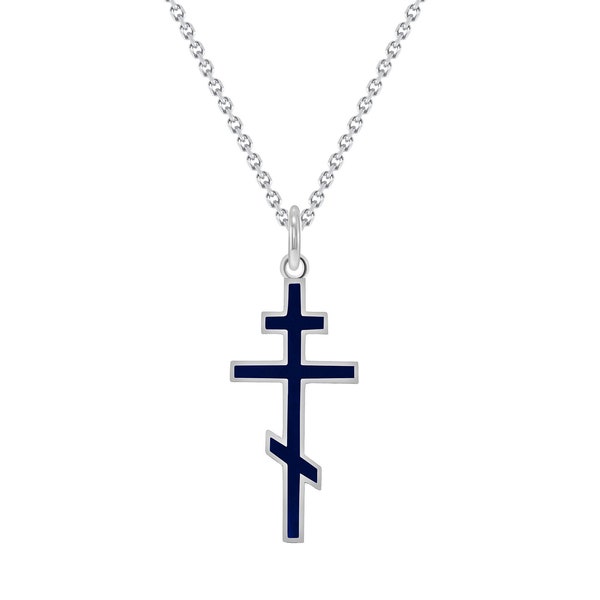 Orthodox Cross Pendant Necklace in Sterling Silver, Navy Enamel, Made in America