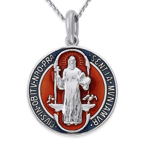 Saint Benedikt Münzenhalskette aus Sterling Silber, Blaue und Rote Emaille, Doppelseitiger Anhänger
