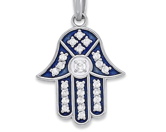 Hamsa Hand CZ Necklace in Sterling Silver, Blue and White Enamel, Cubic Zirconia Stones