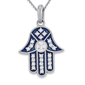 Hamsa Hand CZ Necklace in Sterling Silver, Blue and White Enamel, Cubic Zirconia Stones