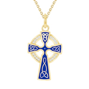 Celtic Cross Trinity Knot Diamond Pendant in Solid 14k Gold with Blue, Green or Red Enamel