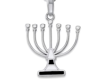 Hanukkah Menorah CZ Pendant Necklace in Sterling Silver, Cubic Zirconia