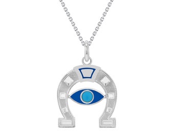 Evil Eye Lucky Horseshoe Necklace with Turquoise Stone in Sterling Silver