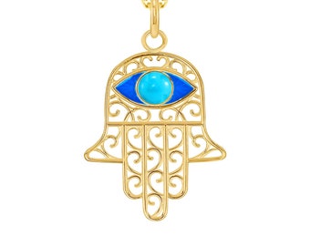 Evil Eye Hamsa Hand Necklace with Turquoise Stone in Solid 14k Gold, Blue Enamel
