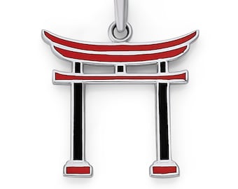 Japanese Torii Gate Pendant in Sterling Silver with Black and Red Enamel, Pendant Only