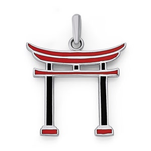 Japanese Torii Gate Pendant in Sterling Silver with Black and Red Enamel, Pendant Only