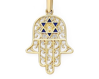 Diamond Hamsa Hand Necklace in Solid 14k Gold, Blue Enamel