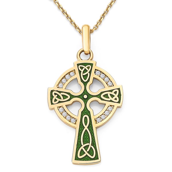 Celtic Cross Diamond Necklace in Solid 14k Gold with Green Enamel