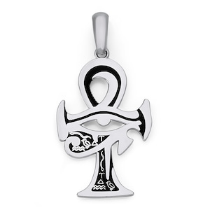 Eye of Horus Ankh Cross Pendant in Sterling Silver with Black Enamel, Pendant Only