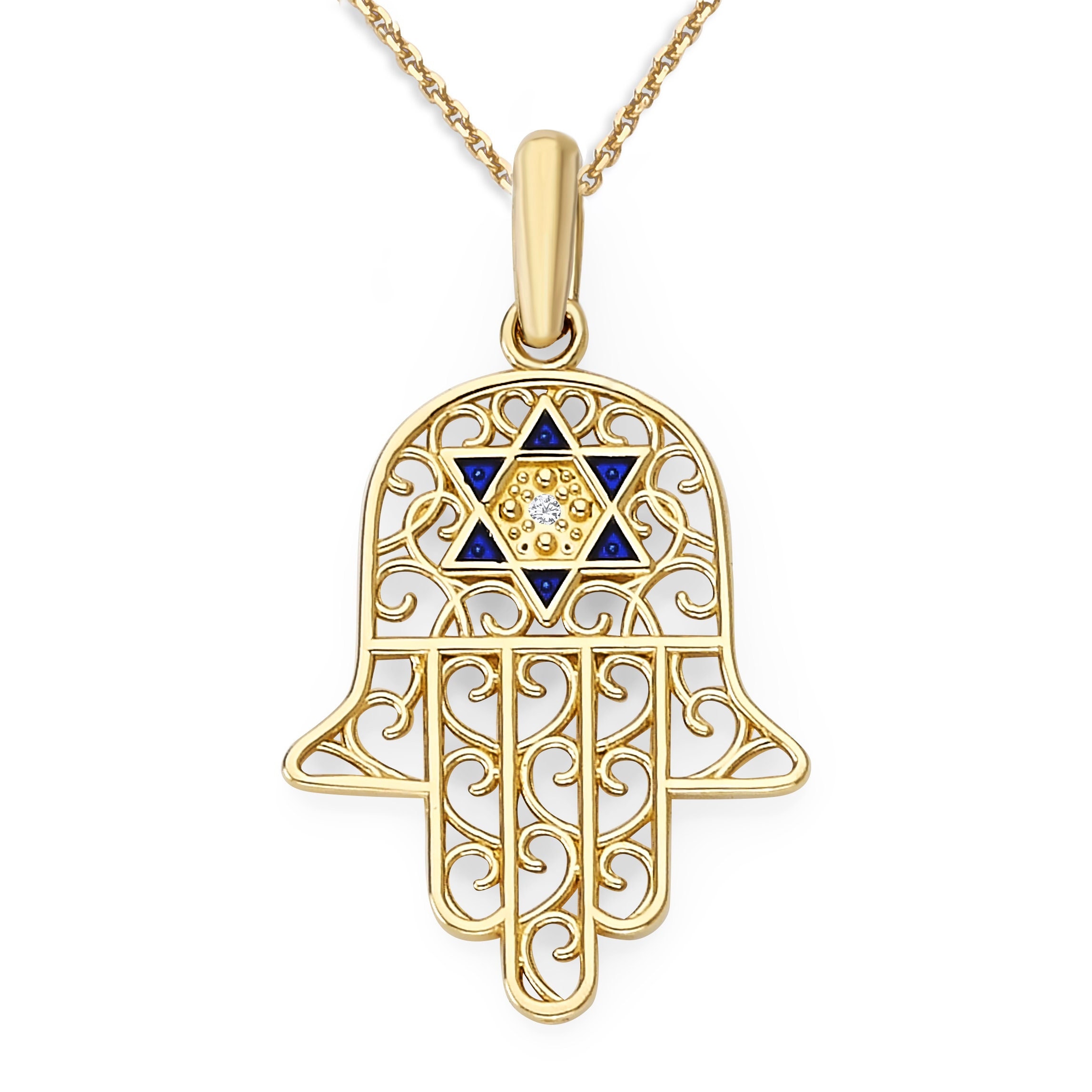 Diamond Hamsa Hand Necklace in Solid 14k Gold, Blue Enamel