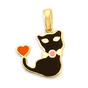 Cat Pendant in Solid 14k Gold with Black Enamel, Animal Jewelry