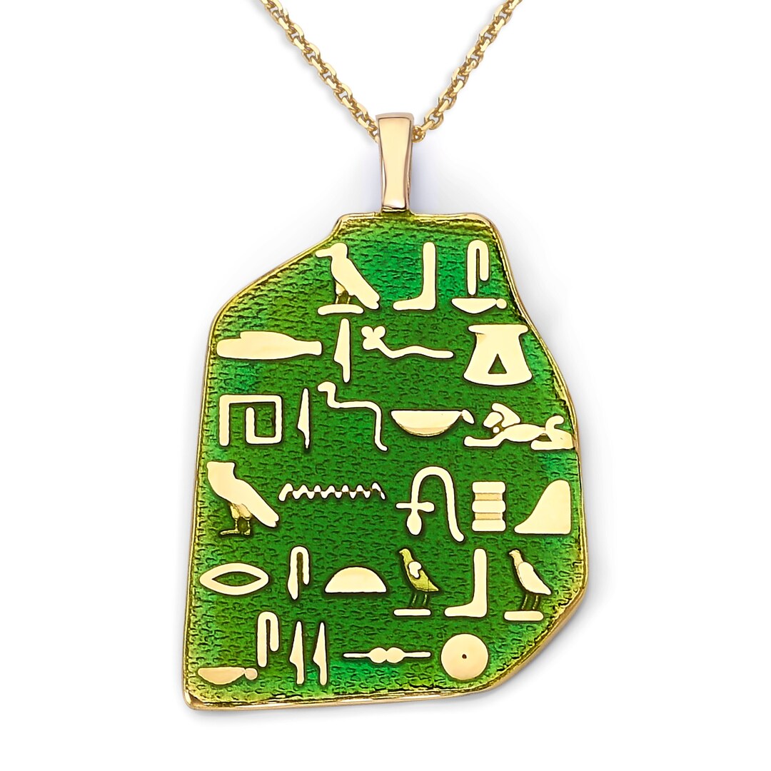 Egyptian Stone Slab Necklace in Solid 14k Gold With Green Enamel