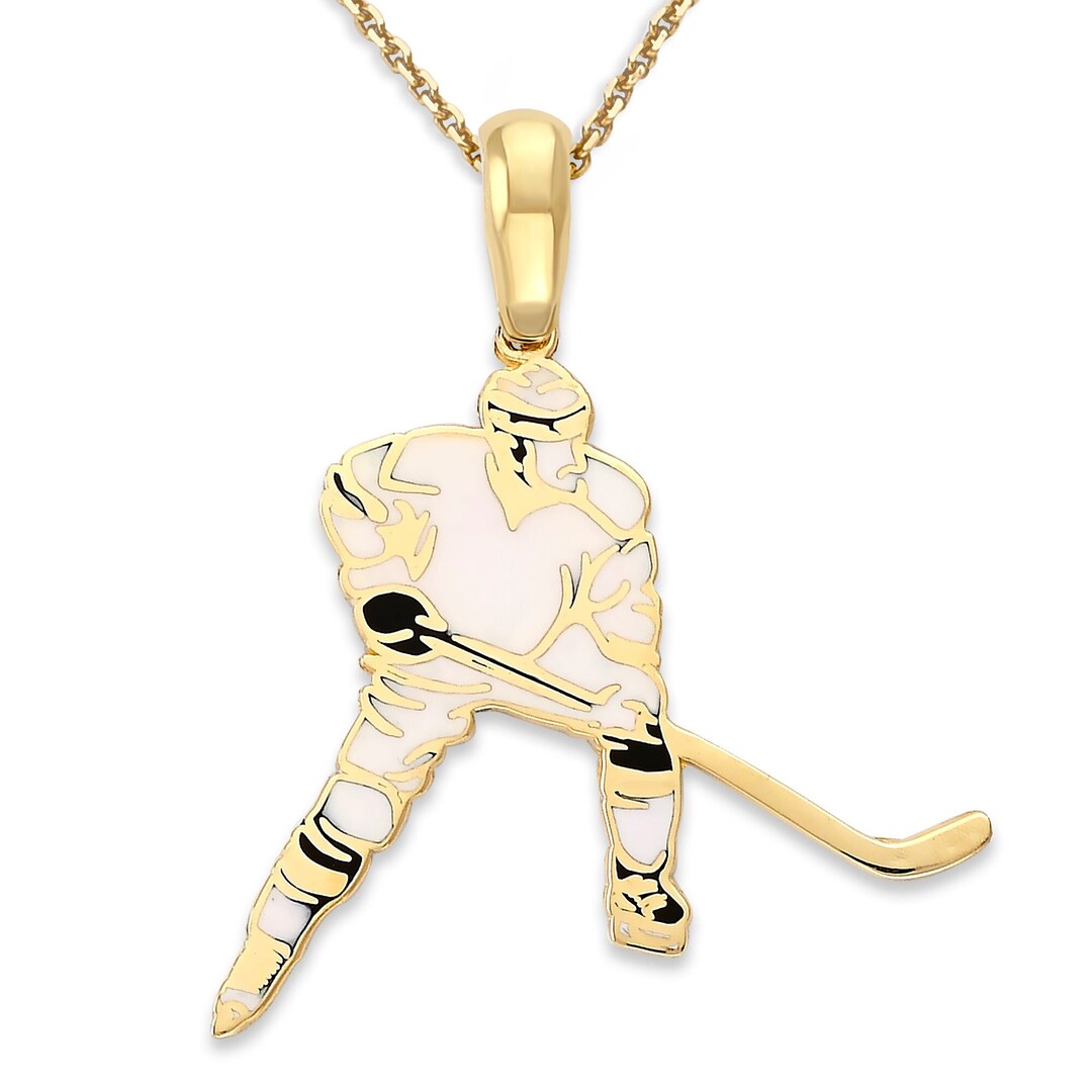 Hockey Pendant Necklace in Solid 14k Gold, White & Black Enamel Etsy