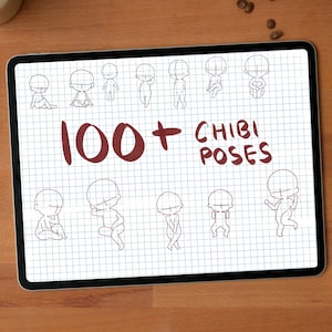 May include: A digital drawing tablet displaying a collection of 100+ chibi poses, drawn in black outline on a white gridded background. The text "100+ CHIBI POSES" is written in red.