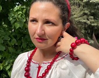 Handcrafted Wooden Bead Necklace & Bracelet: Slavic Folk Boho Jewelry