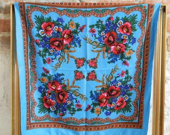 Vintage Floral Scarf, Ukrainian Babushka Head Scarf, Light Blue Wool Shawl