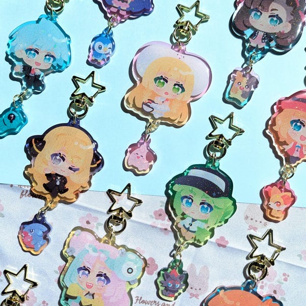 9 DESIGNS PKMN Poke Trainer Gummy Glitter Epoxy Charms | 2.36" Connecting Pair Acrylic Keychains