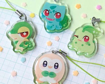 Poke Gummy Grass Starters Mini Phone Charms | 1.35" Glitter Epoxy Acrylic Keychains