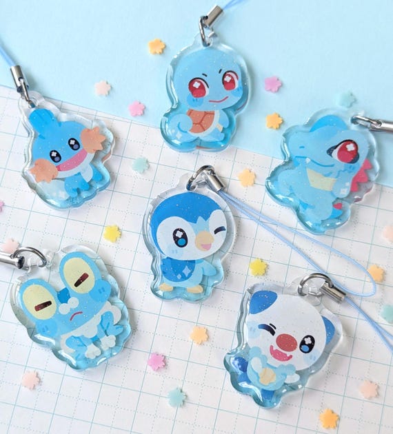 Poke Gummy Water Starters Mini Phone Charms | 1.35" Glitter Epoxy Acrylic Keychains
