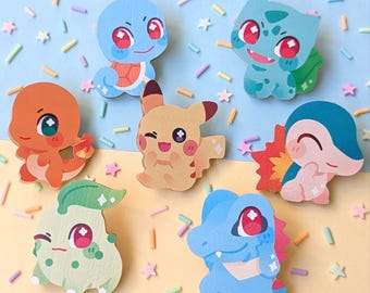 Mini Pokepins Gacha Vol. 1 | Gen 1 Gen 2 Starters | 1.5" Inch Wooden Pin