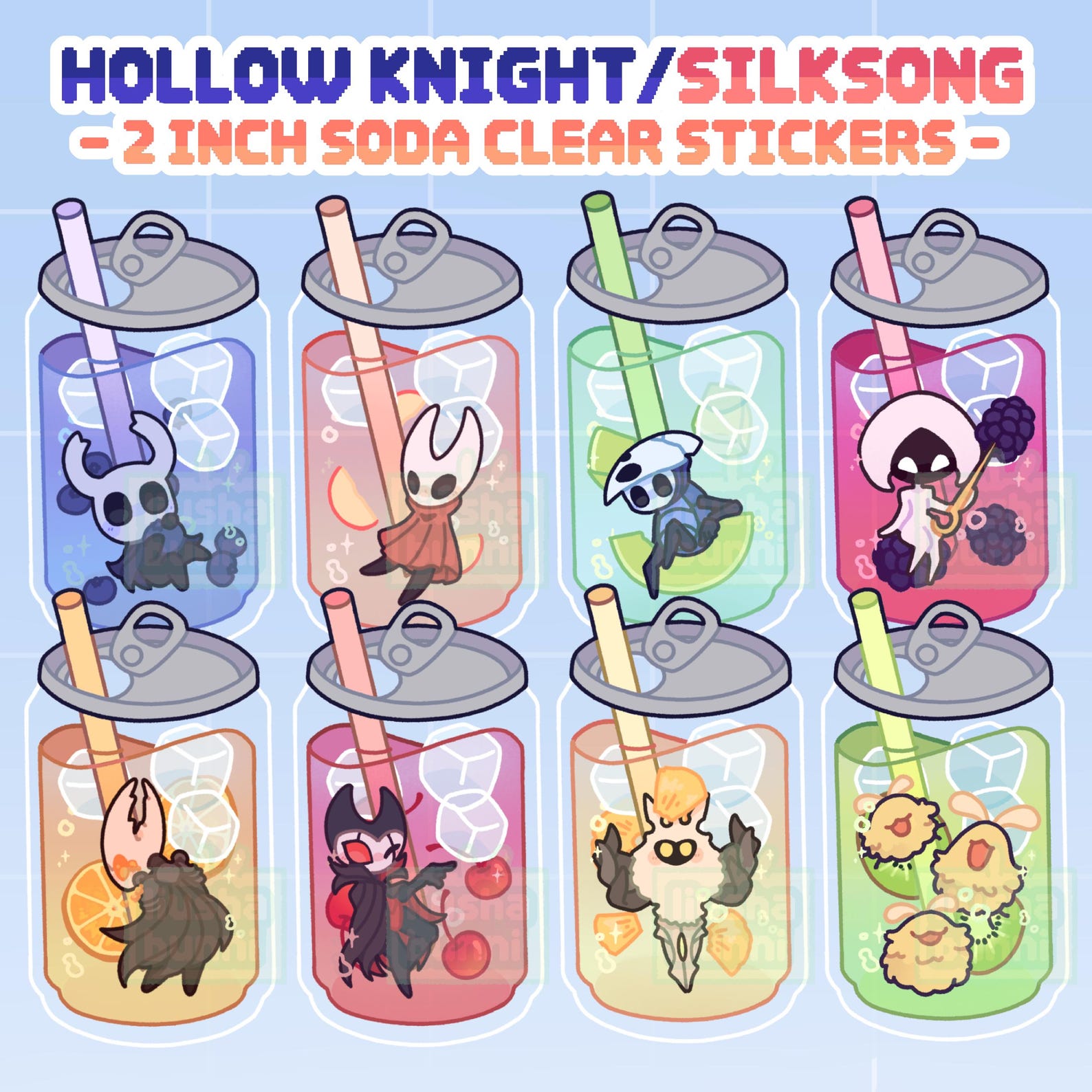 Hollow Knight Silksong Soda: The Knight, Hornet, Grimm, Lace, Flea | 2'' Mini Clear Stickers